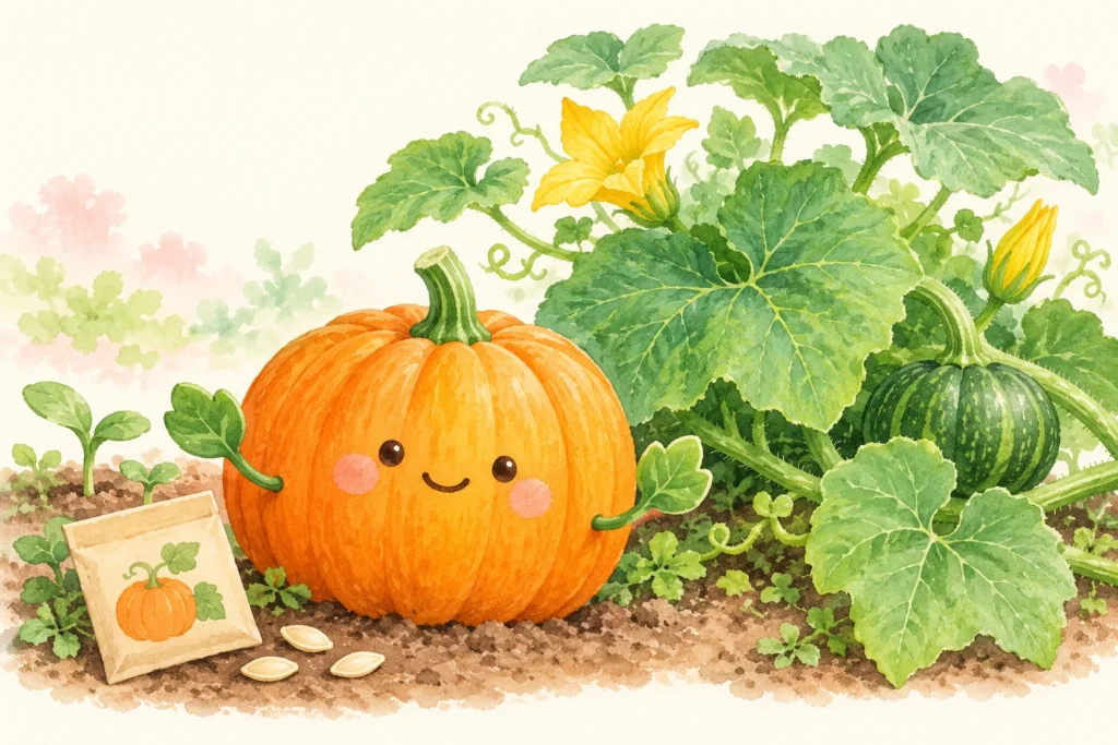 クリーム色の背景にかぼちゃとつるを描いた、秋の栽培記事のアイキャッチ