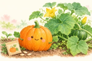 クリーム色の背景にかぼちゃとつるを描いた、秋の栽培記事のアイキャッチ