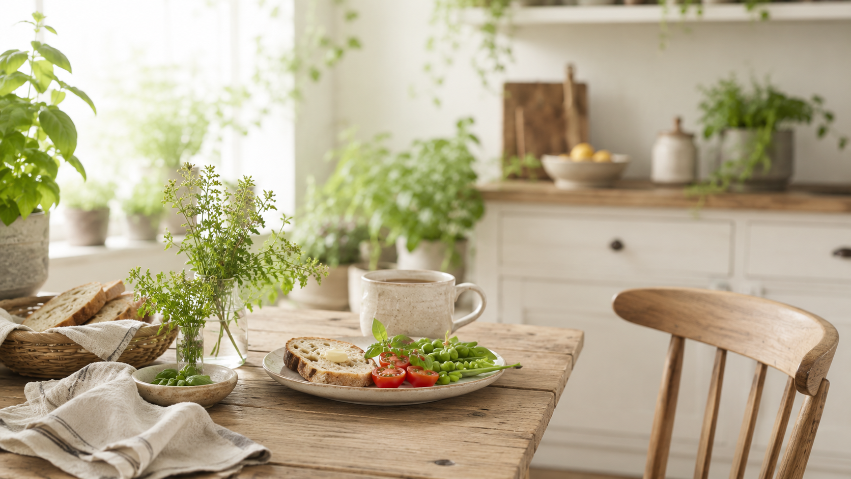 朝の光が差し込むベランダ菜園とおうちカフェのテーブル