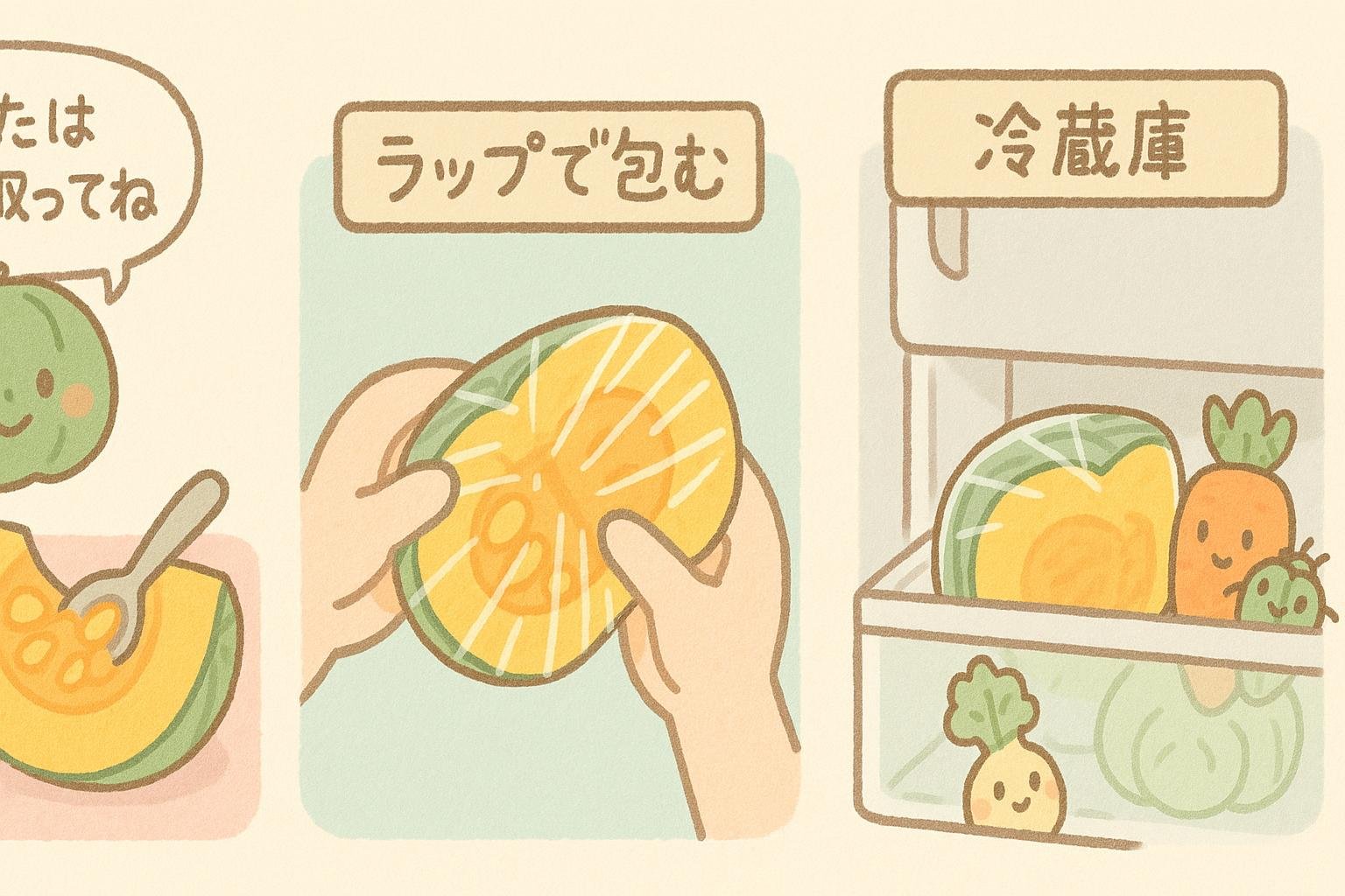 カットしたかぼちゃの種とわたを取り、ラップで包んで冷蔵庫に入れる手順の図