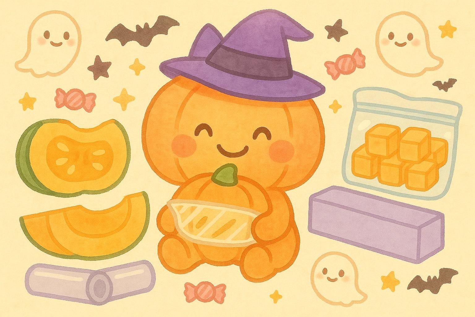 魔女の帽子をかぶったにっこりかぼちゃと、カットかぼちゃ・ラップ・保存袋のハロウィン風イラスト