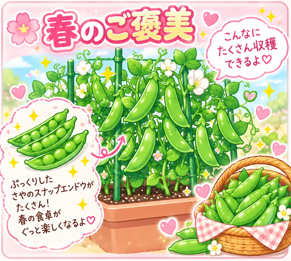 春のご褒美。スナップエンドウのつるに緑のさやが実り、収穫したさやをかごに集めた可愛いイラスト