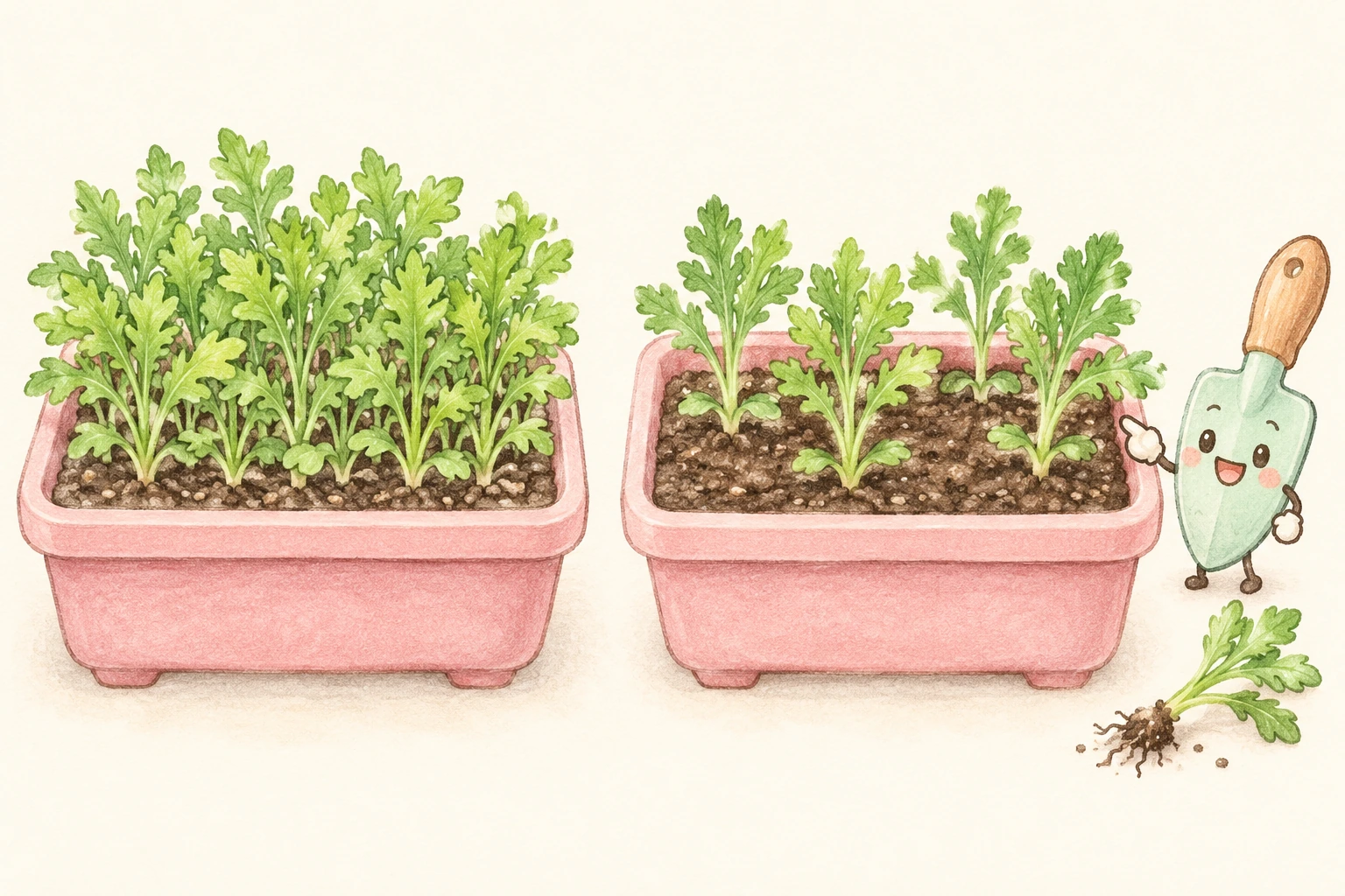 混み合った春菊の苗と、間引いて苗の間に空間を作った様子