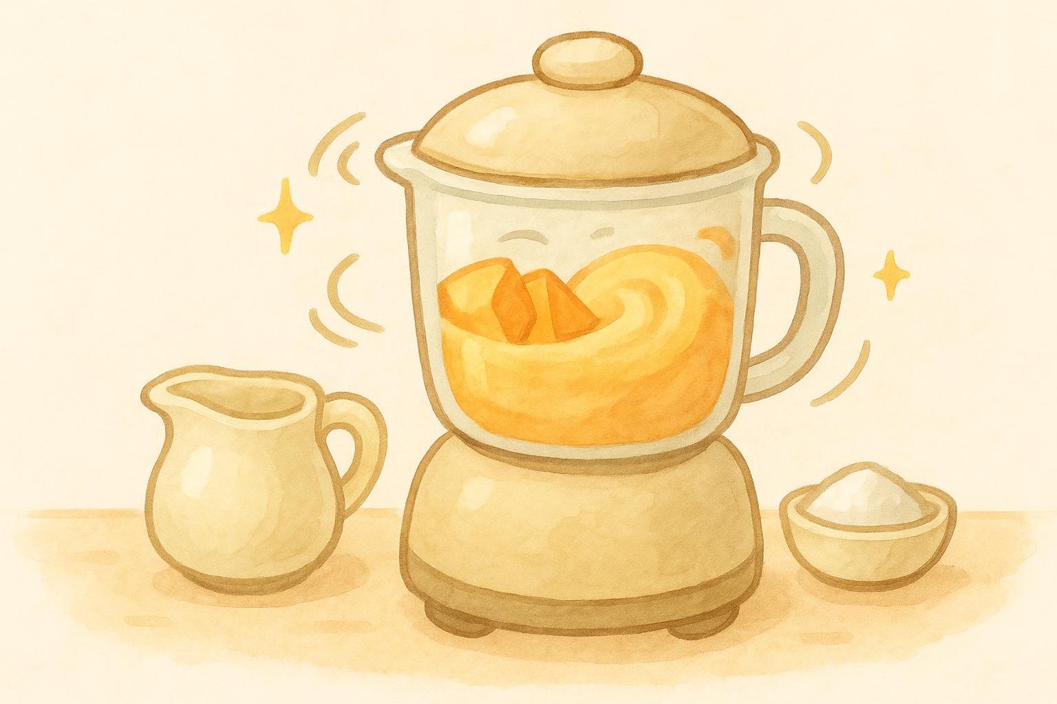 やわらかくしたかぼちゃと牛乳、砂糖をミキサーでなめらかに混ぜるイラスト