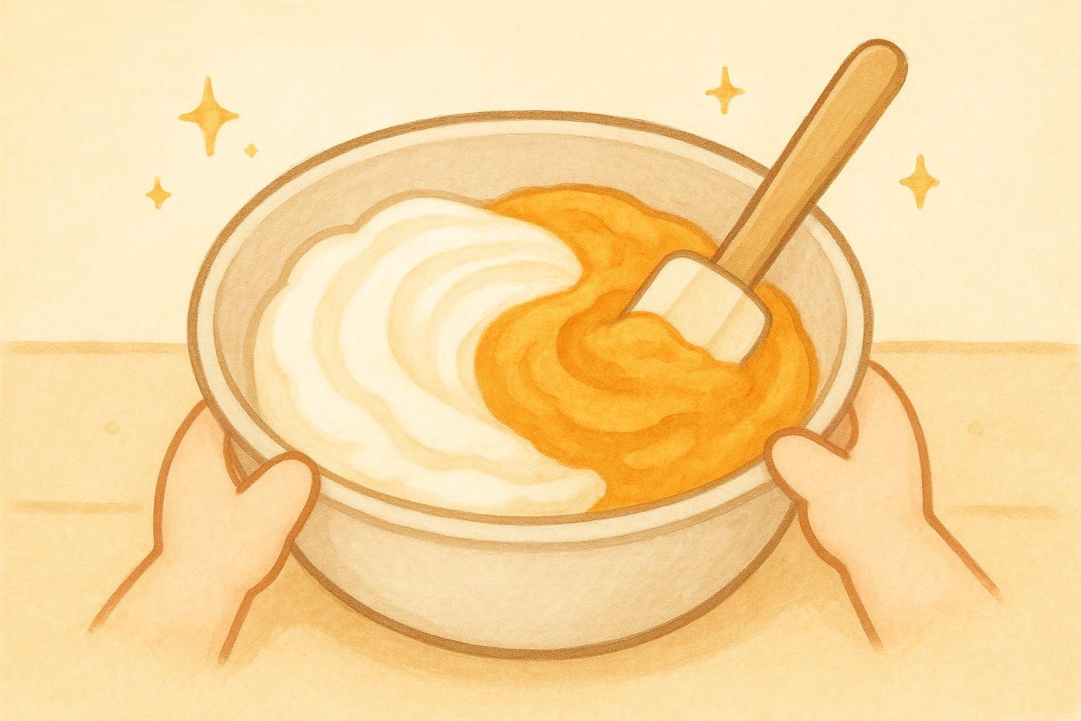 七分立ての生クリームに、かぼちゃのペーストをゴムべらでやさしく混ぜ合わせるイラスト