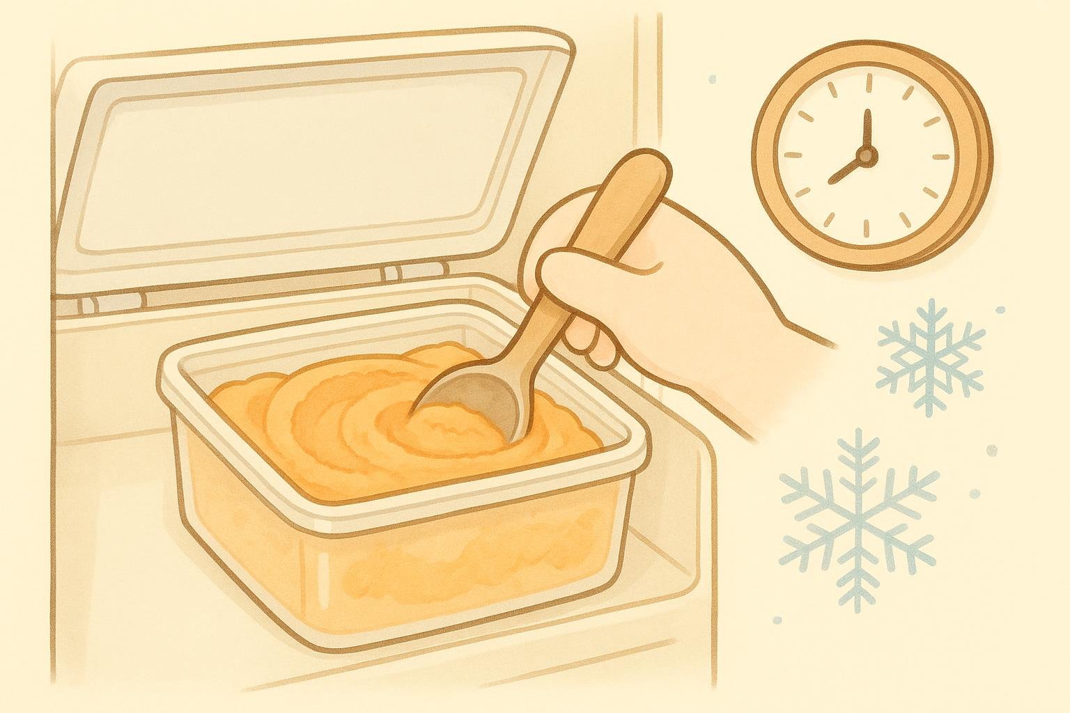 冷凍庫のふたつき容器のかぼちゃジェラートを、1時間おきにスプーンでかき混ぜるイラスト