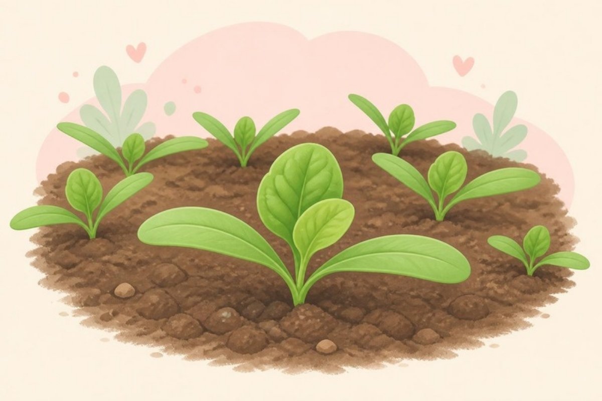 本葉が1〜2枚出てきたほうれん草の芽が、土の上で少し込み合って育っている様子のイラスト